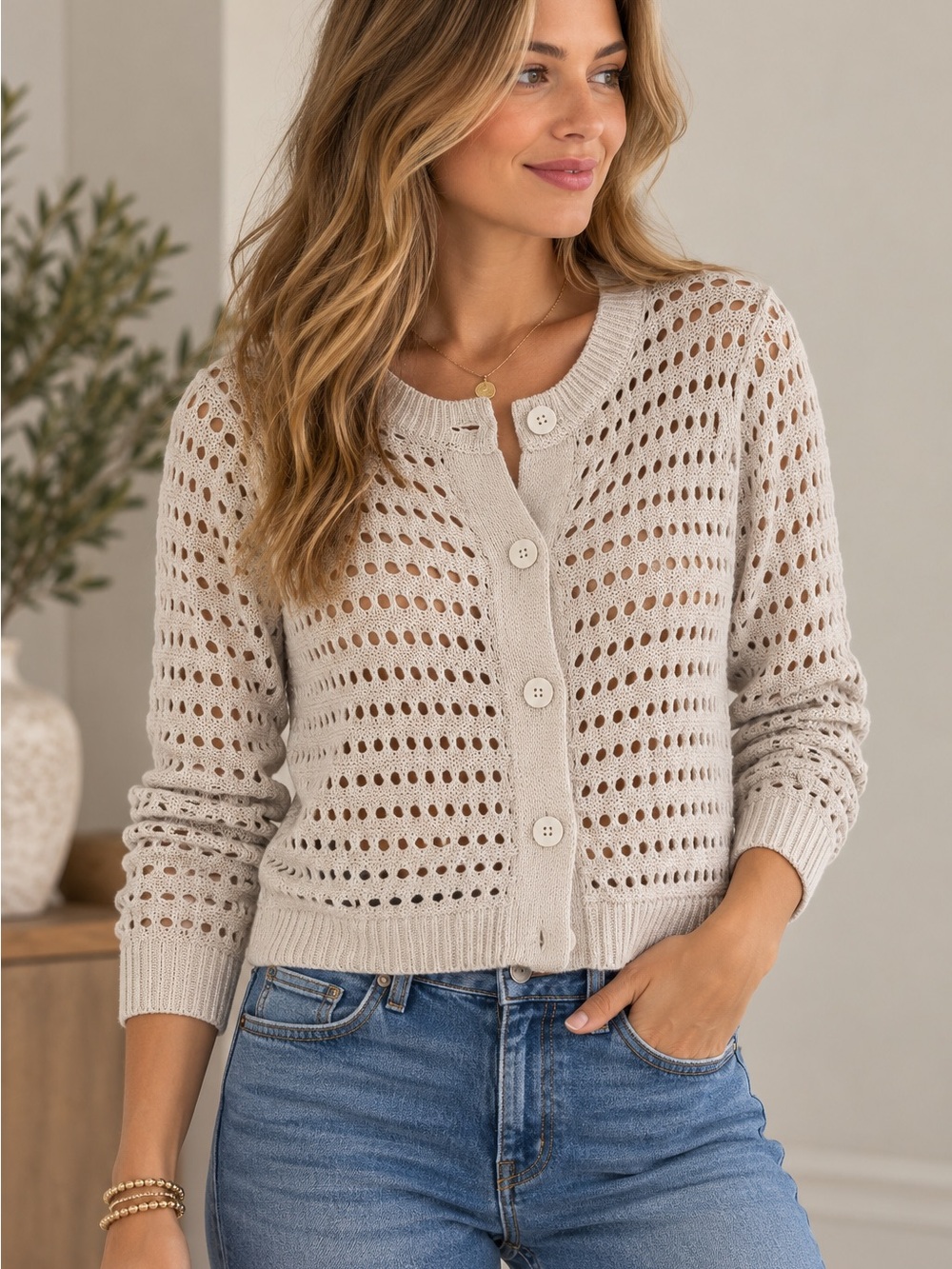 Max Studio Cream Open-Knit Button Front Cardigan